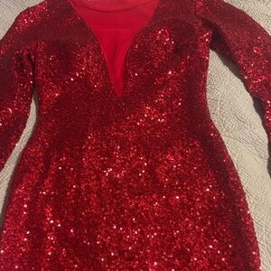 Dazzling Long Sleeve Red Sequin Dress. XS